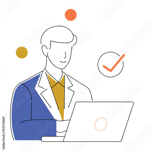 Smiling man using laptop is pleased to finish work successfully with a checkmark