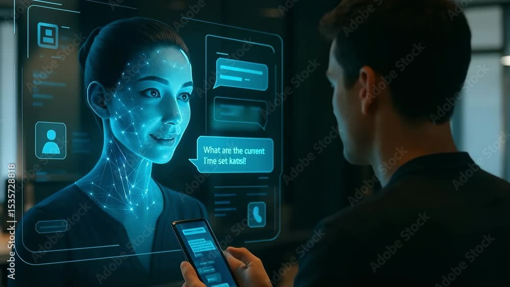 A man interacts with an AI-powered digital bank assistant to open a new account, highlighting the future of banking through virtual chat interfaces and smart customer service.
