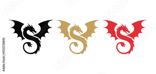 Three Stylized Dragon Icons Black Gold Red