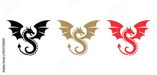 Three Stylized Dragon Logos Black Gold Red