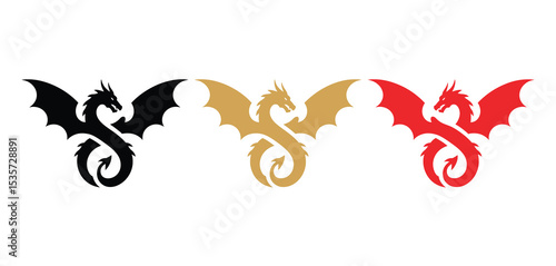 Three Stylized Dragon Silhouettes in Black Gold and Red
