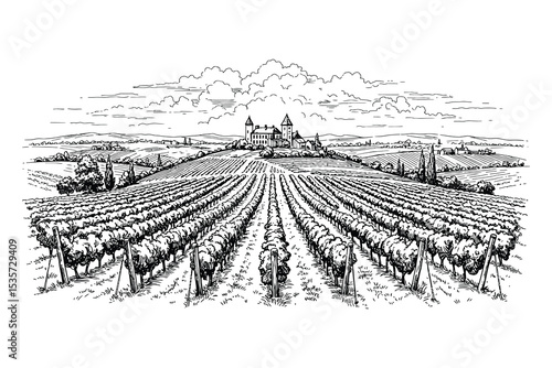 Vintage Vineyard Landscape Illustration – Hand-Drawn Winery Fields with Countryside Estate

