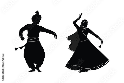 Traditional Indian Dance Silhouettes – Male and Female Folk Dancers in Cultural Attire

