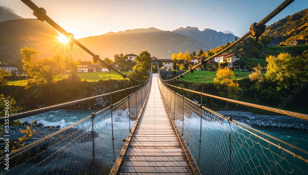 Fototapeta premium panoramic suspension bridge connecting one village to another with a cool morning atmosphere with sunlight, below it flows a clear river