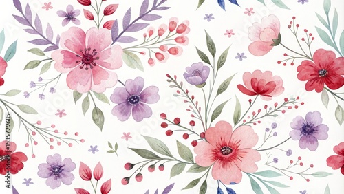 Watercolor Floral Seamless Pattern Pink, Purple Flowers, Leaves, Botanical Illustration, Spring, Summer, Romantic
