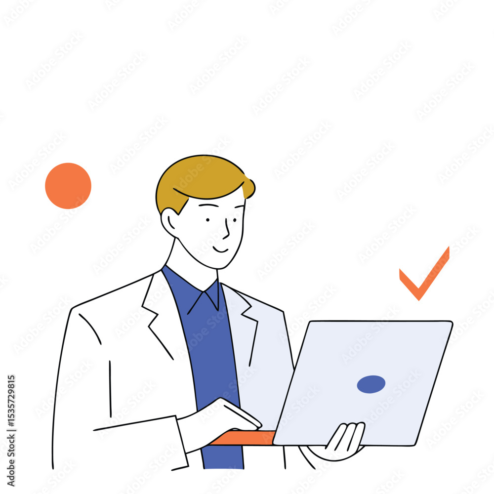 Blondehaired man in white coat working on laptop with check mark visible Blondehaired man in white coat working on laptop with check mark visible