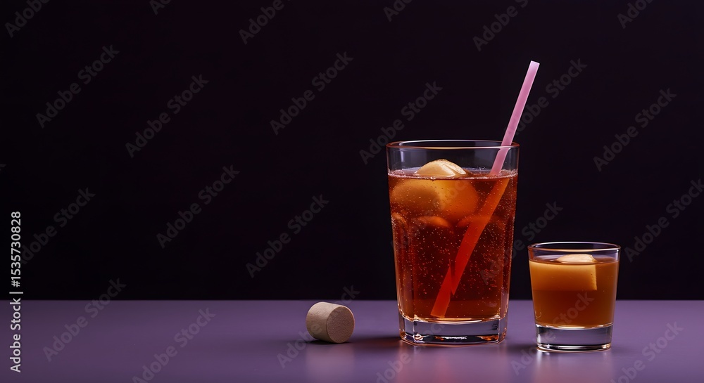Refreshing iced drink with straw and shot glass on purple surface against dark background Refreshing iced drink with straw and shot glass on purple surface against dark background