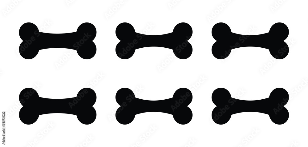 Six Simple Black Dog Bone Icons on White Six Simple Black Dog Bone Icons on White