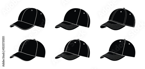 Six Black Baseball Caps in Different Angles View