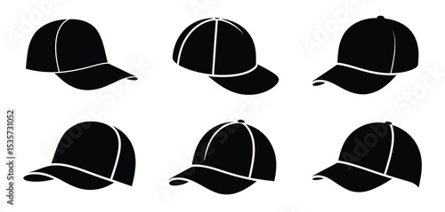 Six Black Baseball Caps in Different Views