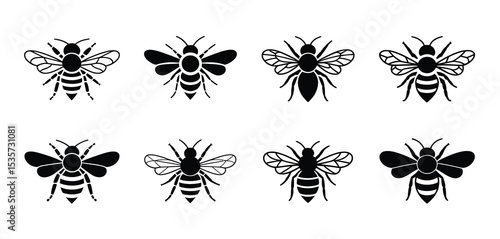 Eight Black Bee Silhouettes Variety Set