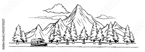 Landscape of mountains, coniferous forest, camping in the mountains. Vector illustration, isolated, outline drawing, black and white sketch on white background