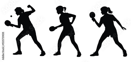 Three Female Table Tennis Players Silhouettes Action Poses