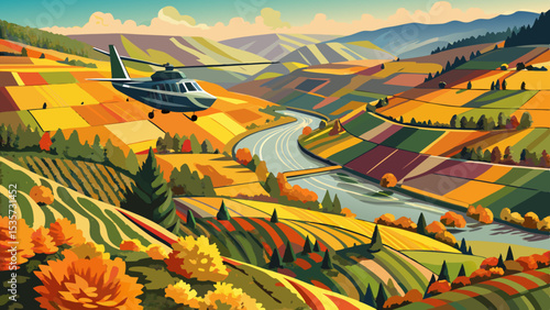 Germany, Rhineland-Palatinate, Helicopter panorama of Moselle river and surrounding vineyards in autumn .Very beautiful