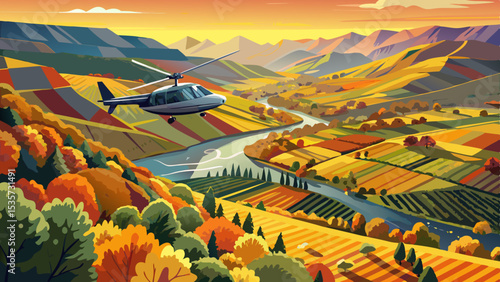Germany, Rhineland-Palatinate, Helicopter panorama of Moselle river and surrounding vineyards in autumn .Very beautiful