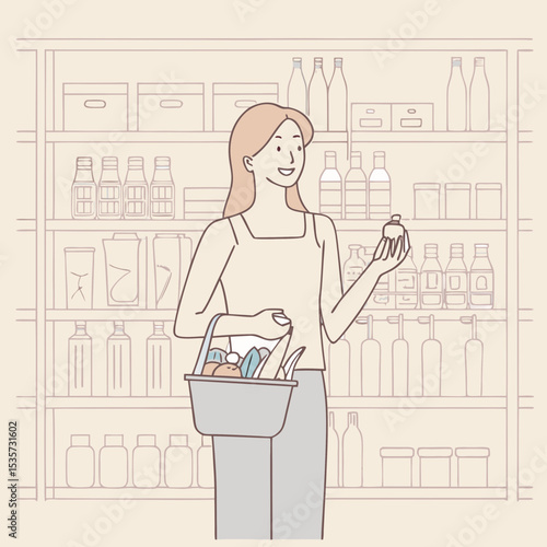  Happy woman looking at product at grocery store  vector design illustrations