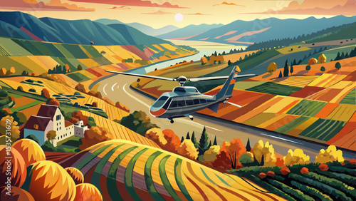 Germany, Rhineland-Palatinate, Helicopter panorama of Moselle river and surrounding vineyards in autumn .Very beautiful