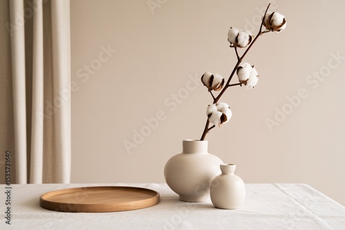 Elegant Still Life with Cotton Branch in Ceramic Vase and Wooden Tray on Neutral Background