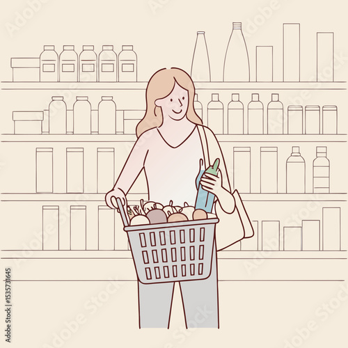  Happy woman looking at product at grocery store  vector design illustrations