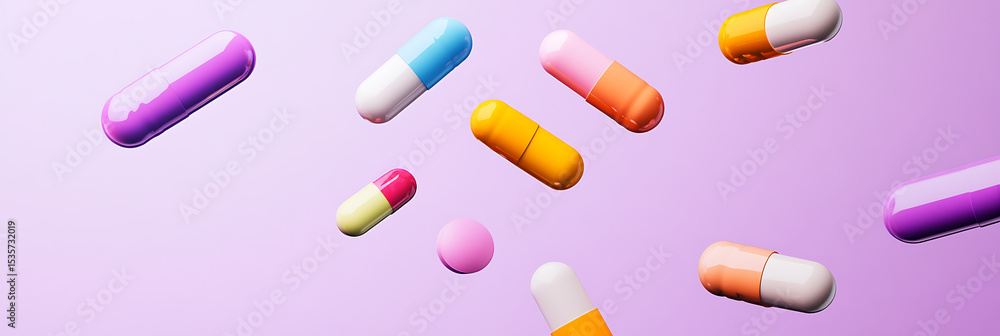 Floating colorful pills on purple. Capsules and tablets against a pale violet background. Modern healthcare, medicine, & pharmaceutical concept. Floating colorful pills on purple. Capsules and tablets against a pale violet background. Modern healthcare, medicine, & pharmaceutical concept.