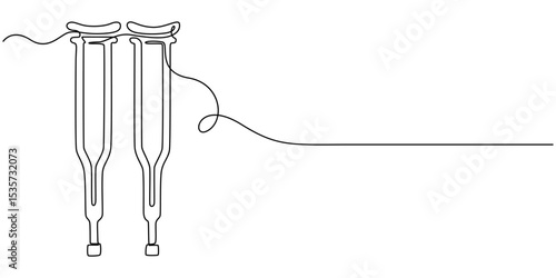 crutches continuous one line drawing, one line drawing crutches for support of injured and elderly people. Medical equipment concept, Continuous one single line drawing of modern elbow crutch, Single