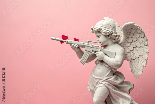 Cherubic angel statue holding a gun with hearts
