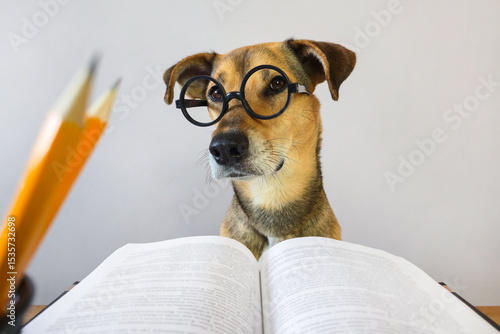 Funny dog in glasses with open book looking at camera, education concept. back to school. mongrel dog wearing eyeglasses and reading. smart doggy with glasses head close-up in library or at school