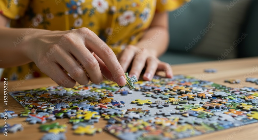 Hands Solving Jigsaw Puzzle on Wooden Table - Close-up of hands carefully placing a puzzle piece, symbolizing patience, focus, problem-solving, accomplishment, and leisure Hands Solving Jigsaw Puzzle on Wooden Table - Close-up of hands carefully placing a puzzle piece, symbolizing patience, focus, problem-solving, accomplishment, and leisure