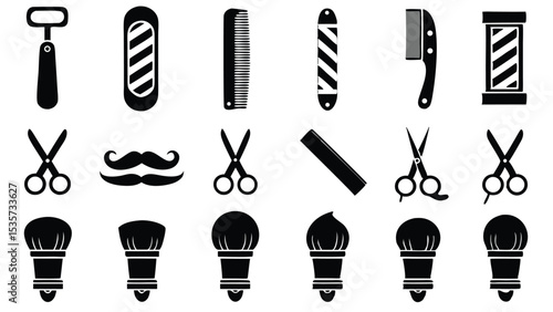 Assortment of Barbering Equipment and Tools in Black Silhouette Barber Shop Essentials and Professional Grooming Set for Haircuts and Shaves