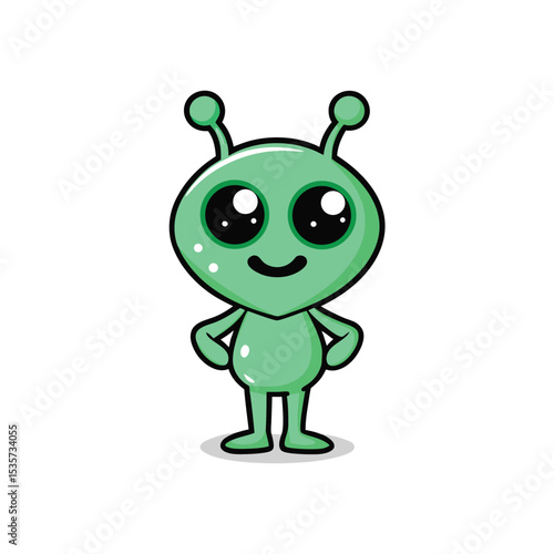 A Cute Green Alien Cartoon Character with Big Eyes and a Friendly Smile Standing Upright on a White Background
