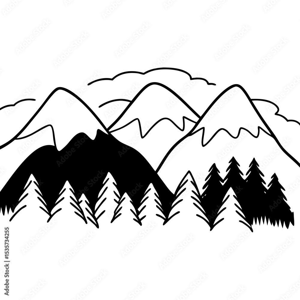 Obraz premium Mountain Range and Pine Trees Landscape Illustration