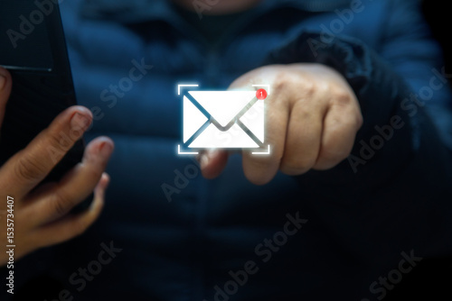 New email notification concept, business email communication, digital marketing , woman entrepreneur receives email notification on smart phone mobile, internet technology.