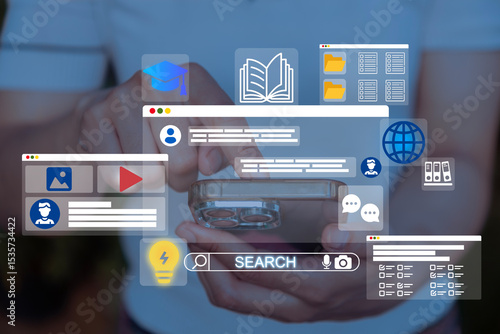 Online Education and E-Learning Concept. Young girl uses mobile with icons representing online education, learning, knowledge sharing, educational tools, training, webinar on internet, digital courses