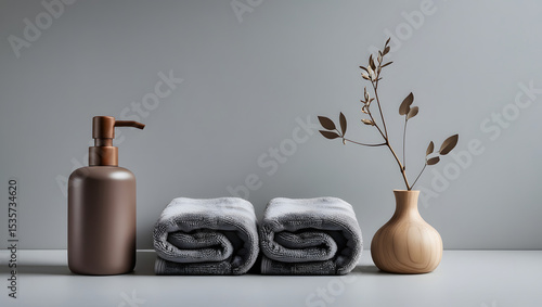 Minimalist Bathroom Decor with Gray Towels and Wooden Vase