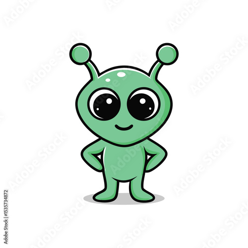 Cute Green Alien Cartoon Character with Big Eyes and Small Smile Standing with Hands on Hips and Shadow
