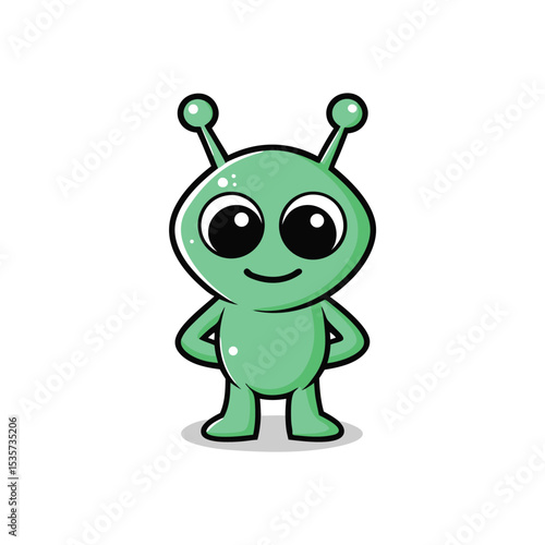 Cute and Friendly Green Alien Character Illustration Standing with Hands on Hips A Welcoming Extraterrestrial Figure