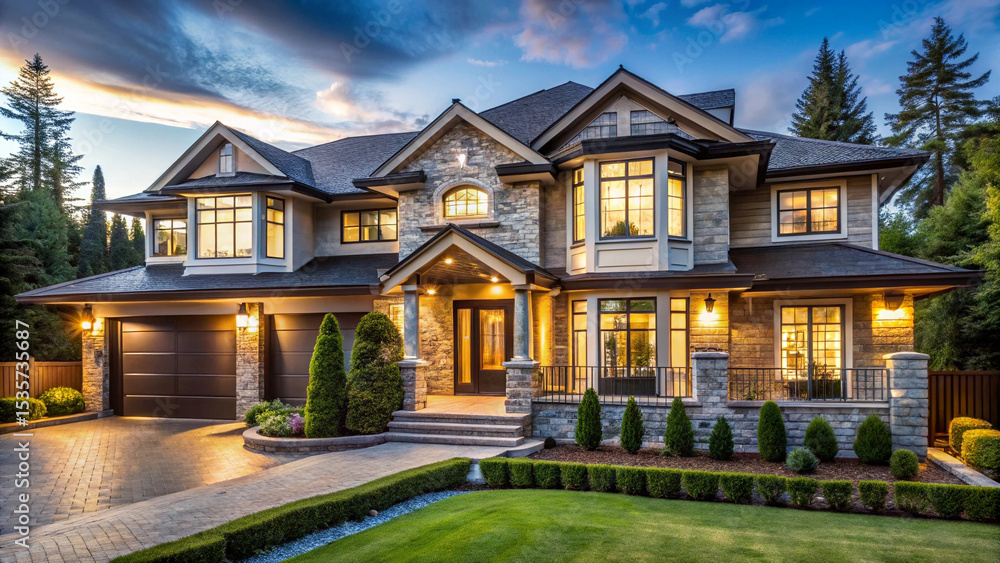 Elegant modern farmhouse luxury home exterior at twilight features rustic wood accents, stone columns, and expansive illuminated porch surrounds. Elegant modern farmhouse luxury home exterior at twilight features rustic wood accents, stone columns, and expansive illuminated porch surrounds.