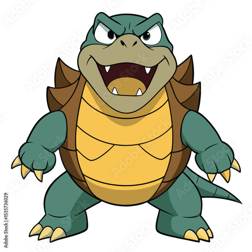 A fierce snapping turtle with neck extended, jaws open, ready to defend itself.
