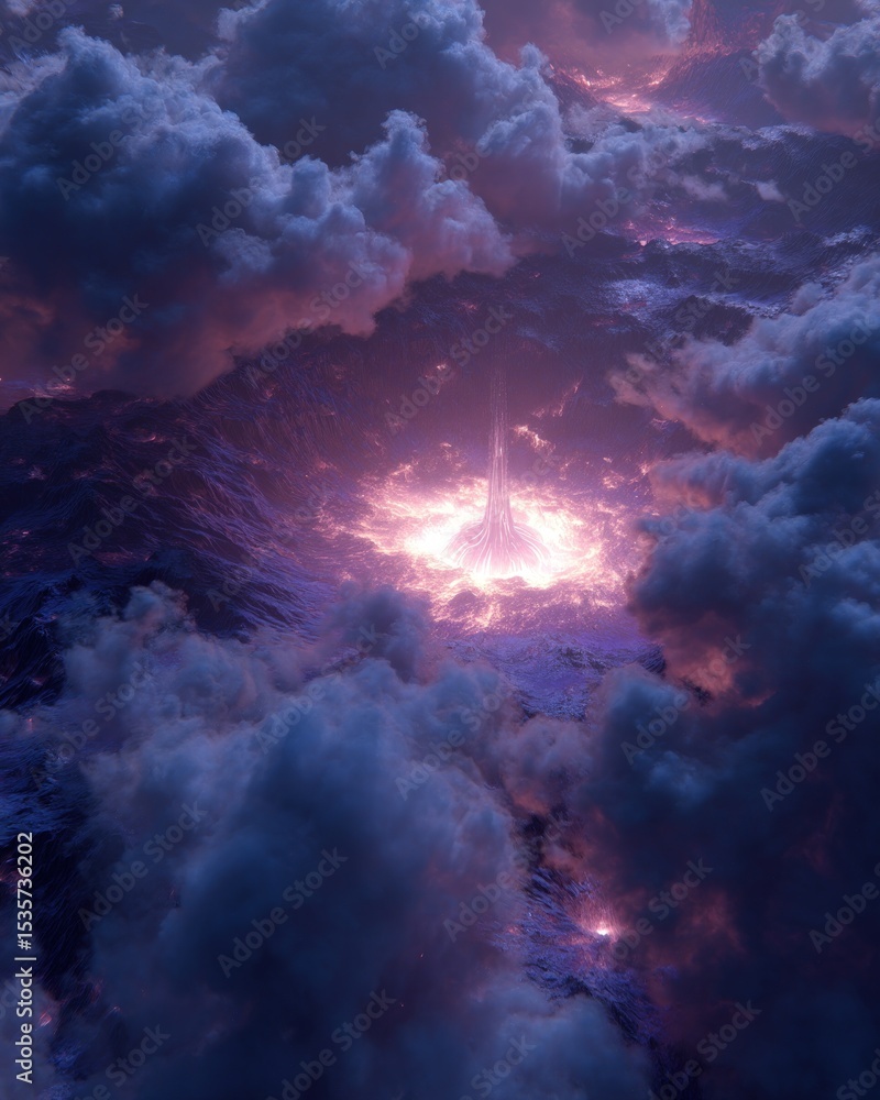 Fototapeta premium A vibrant, otherworldly structure rises amidst swirling clouds.