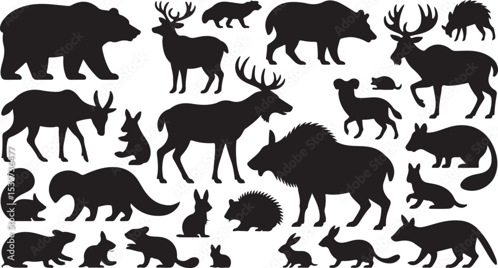 Fototapeta premium wild animal silhouette collection with various forest creatures black vector design set