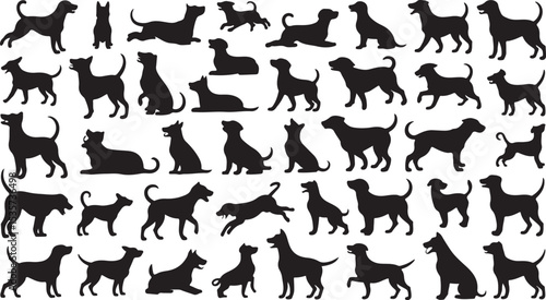 dog silhouette set showing multiple dog breeds in various poses black vector collection