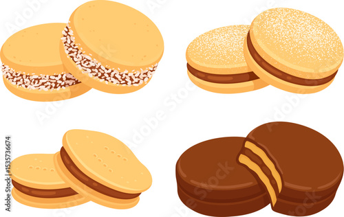 Alfajores, traditional Chilean sandwich cookies filled with manjar (dulce de leche). Different types set. Isolated vector clip art illustration.