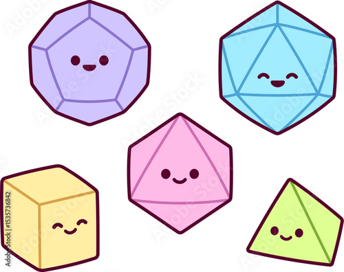 Set of dice for fantasy role playing tabletop games. Five different colored polyhedrons with cute cartoon faces. Kawaii vector icons.