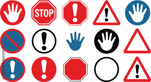 various traffic warning signs collection including stop prohibition hand symbol and exclamation icon