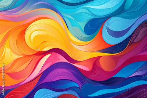 Colorful abstract waves in vibrant hues of orange, blue, and purple create a dynamic visual flow, showcasing fluid movement and artistic expression in a modern design