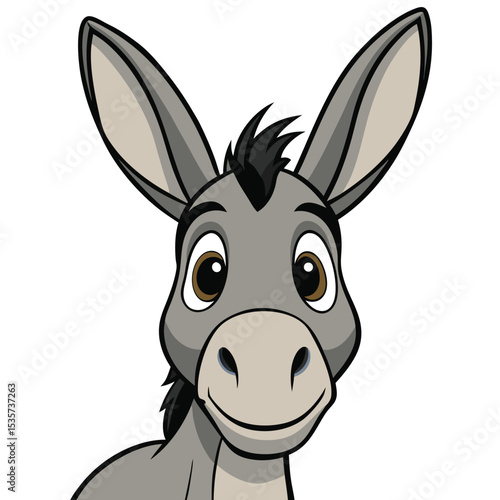 A gentle donkey with ears perked forward, showing a curious expression and calm nature.