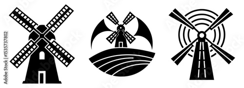 Silhouette set of dutch windmill farm architecture vector graphic art