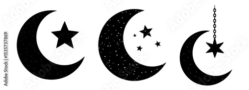 Silhouette set of celestial crescent moon and star astrology graphic