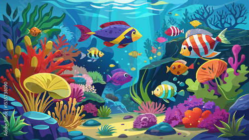 Tropical sea underwater fishes on coral reef. Aquarium oceanarium wildlife colorful marine panorama landscape nature snorkeling diving .Very beautiful
