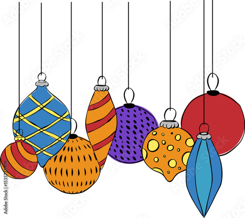 Christmas toys glass baubles composition isolated. Vector graphic line ink illustration. design for fashion graphics, textile prints, fabrics, wallpapers.